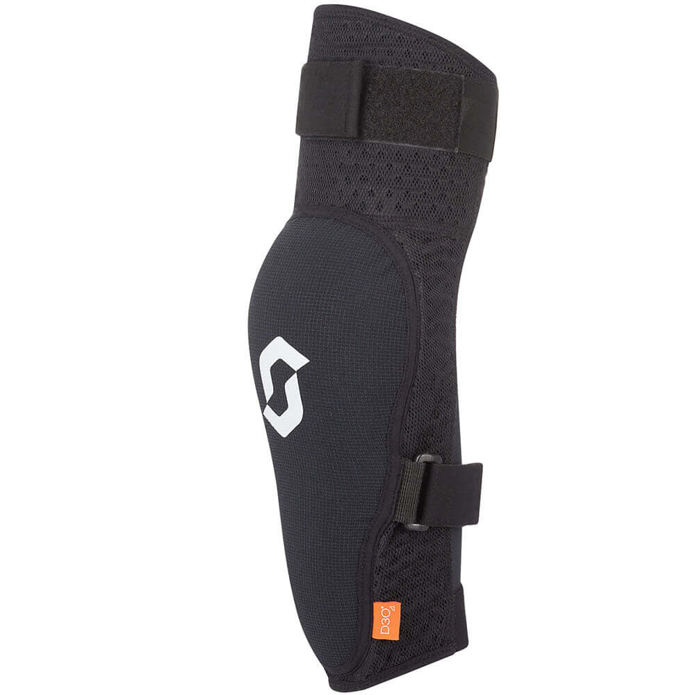Black Scott elbow guard with mesh sleeve and adjustable strap, padded protection.