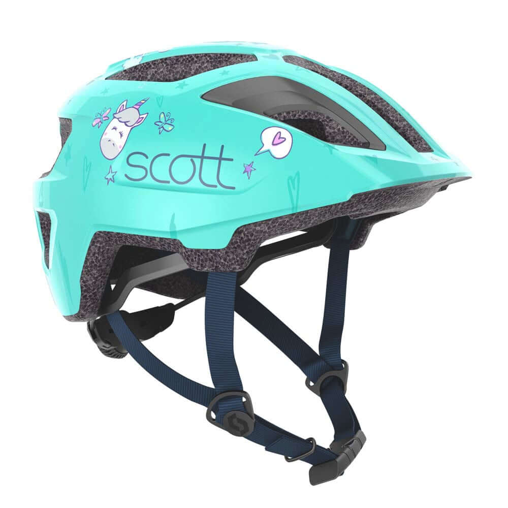 Kids' Scott bike helmet, light green with unicorn decals, side vents and chin straps