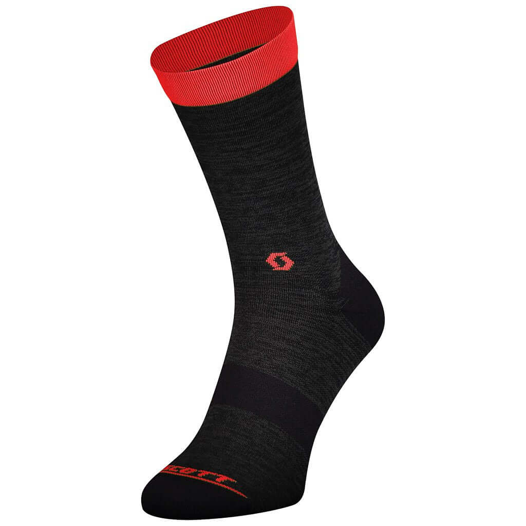 Dark crew sock with red ribbed cuff and small red logo accents