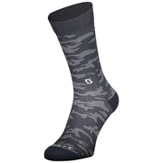 Dark gray camouflage crew socks with black toe and heel