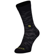 Black camouflage crew socks with neon sulphur yellow S logo at ankle