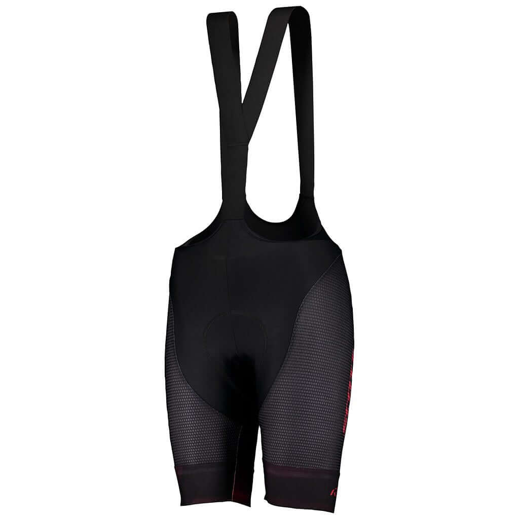 Women's cycling bib shorts, black with mesh side panels and padded chamois