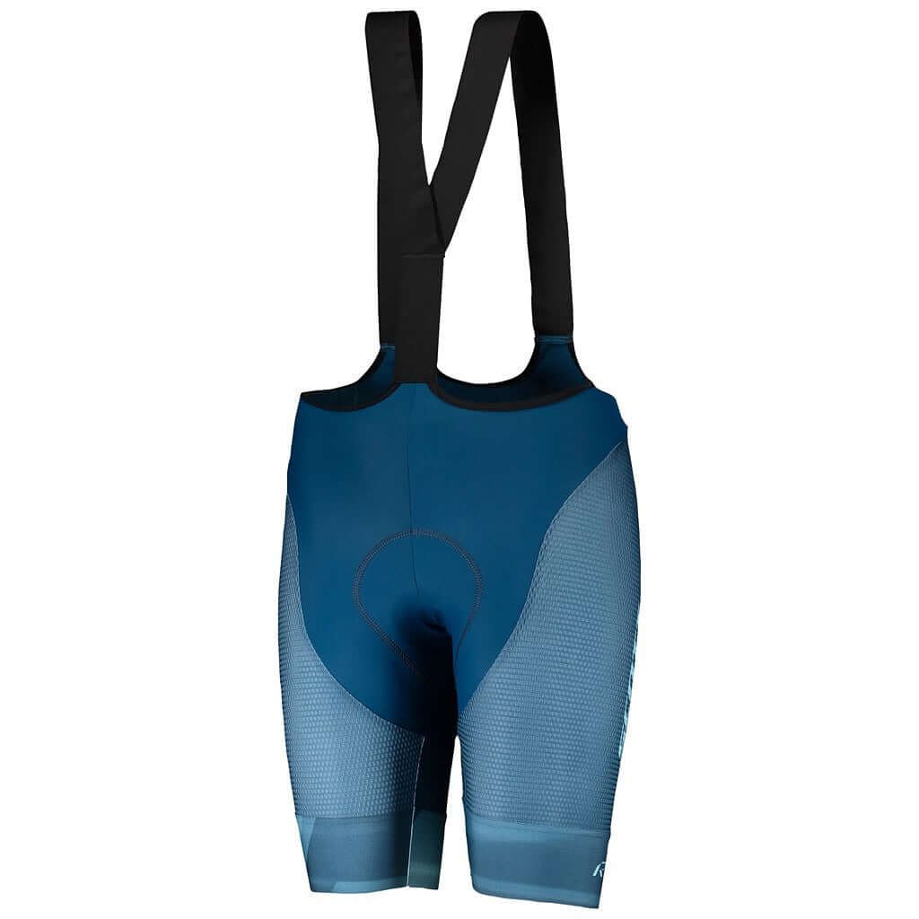 Women's cycling bib shorts, blue with textured side panels and padded chamois