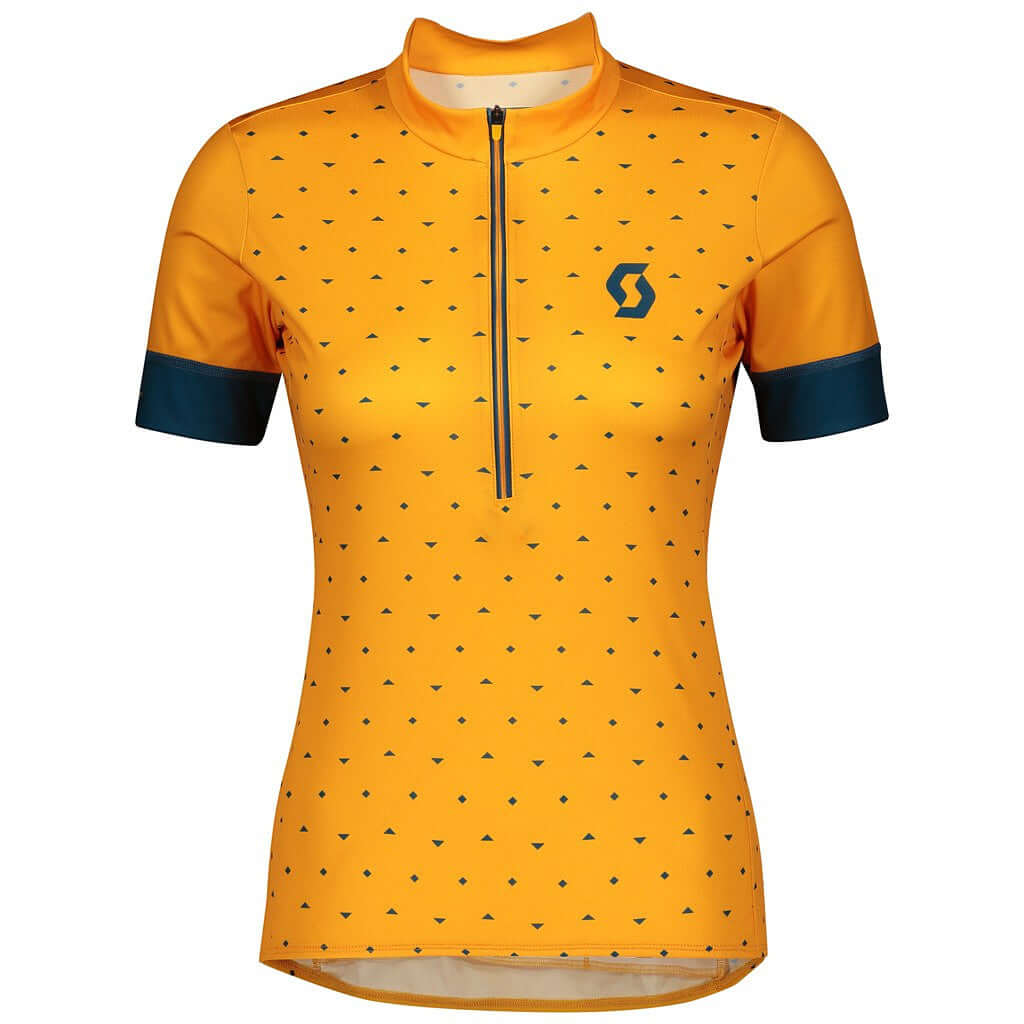 Women's cycling jersey in amber yellow with black dot print, dark blue sleeves, zip front