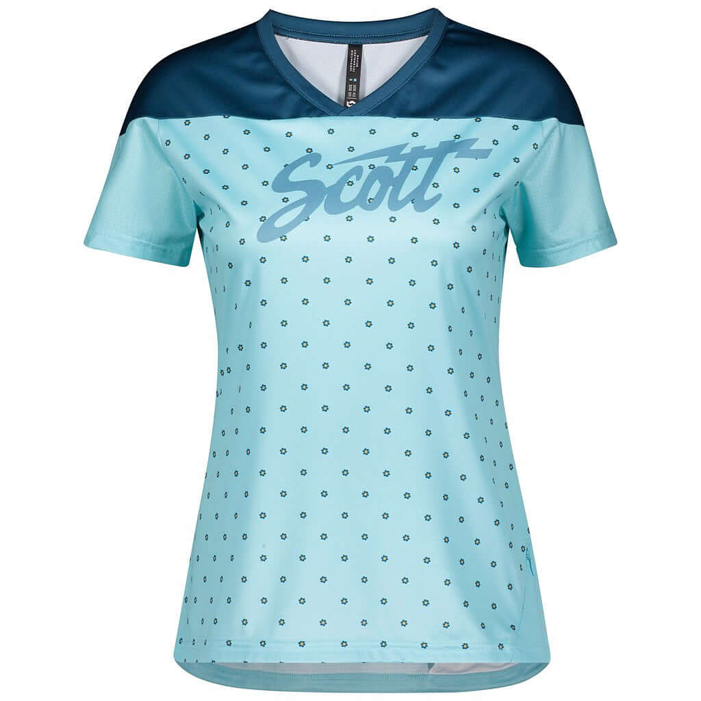 Women’s short-sleeve cycling jersey, teal with dark blue yoke and small pattern