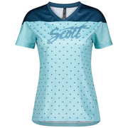 Women’s short-sleeve cycling jersey, teal with dark blue yoke and small pattern