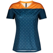 Women’s short-sleeve cycling jersey, orange and navy with teal dot print