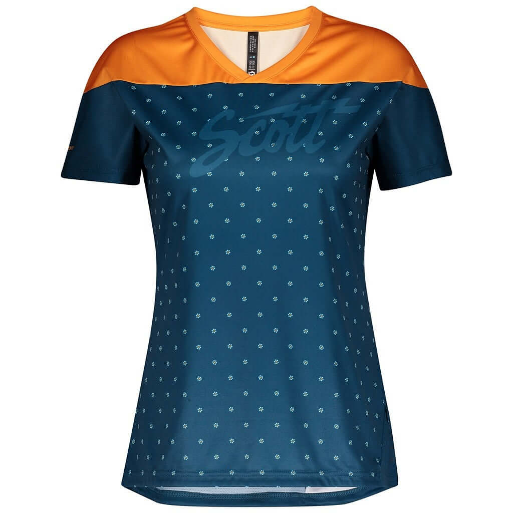 Women’s short-sleeve cycling jersey, orange and navy with teal dot print