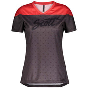 Women’s short-sleeve cycling jersey, red shoulders, black body with dotted graphic