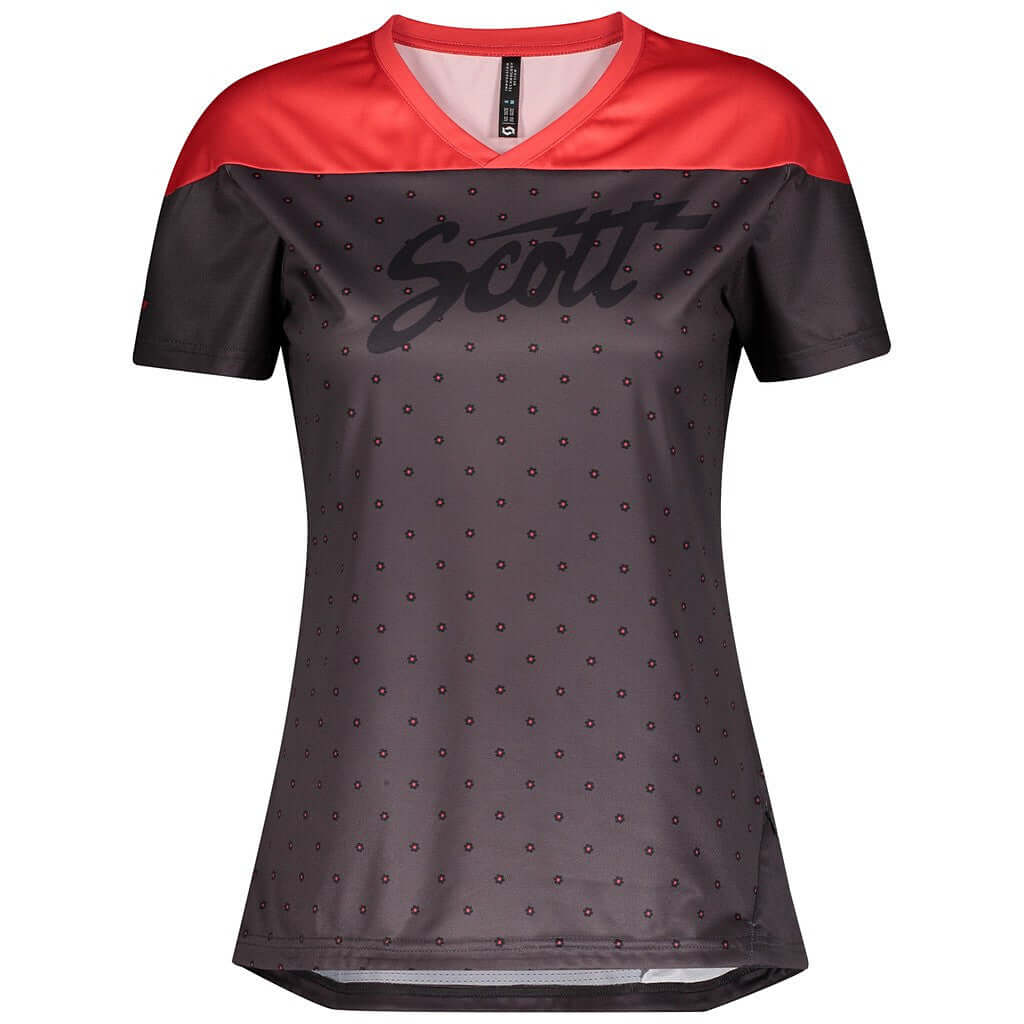 Women’s short-sleeve cycling jersey, red shoulders, black body with dotted graphic