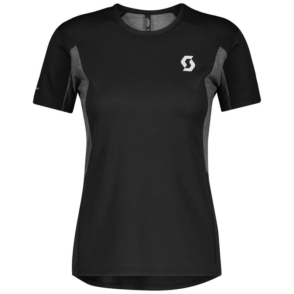 Women’s black short-sleeve trail tech T-shirt with dark grey side panels and chest logo
