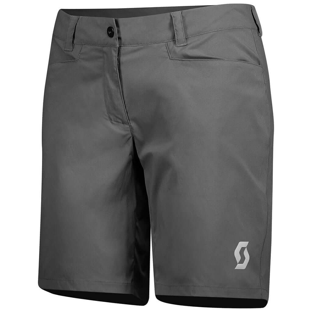 Women's trail MTN shorts in dark grey, zip fly, belt loops, logo on leg