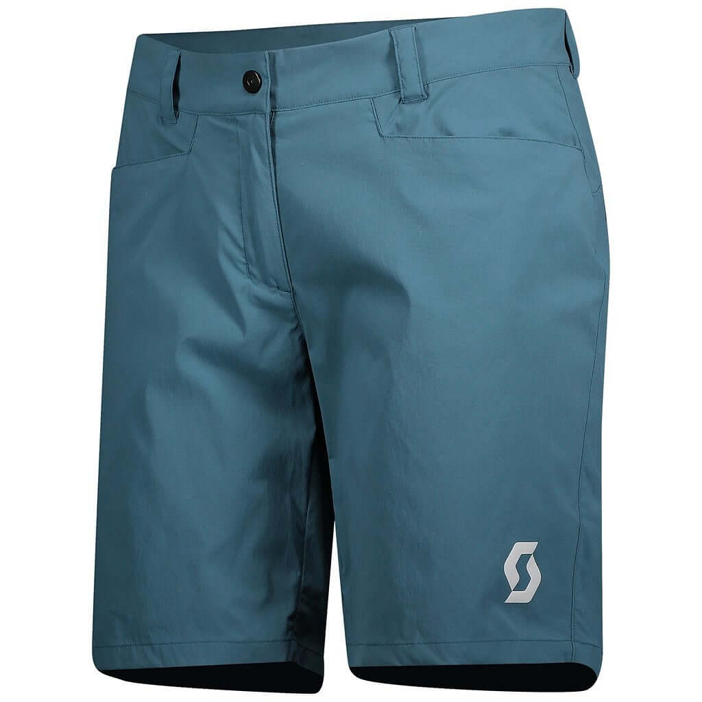 Women's trail MTN shorts in lunar blue, zip fly, belt loops, logo patch on leg