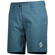 Women's trail MTN shorts in lunar blue, zip fly, belt loops, logo patch on leg