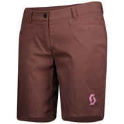 Women's trail MTN shorts in maroon red, zip fly, belt loops, logo patch on leg