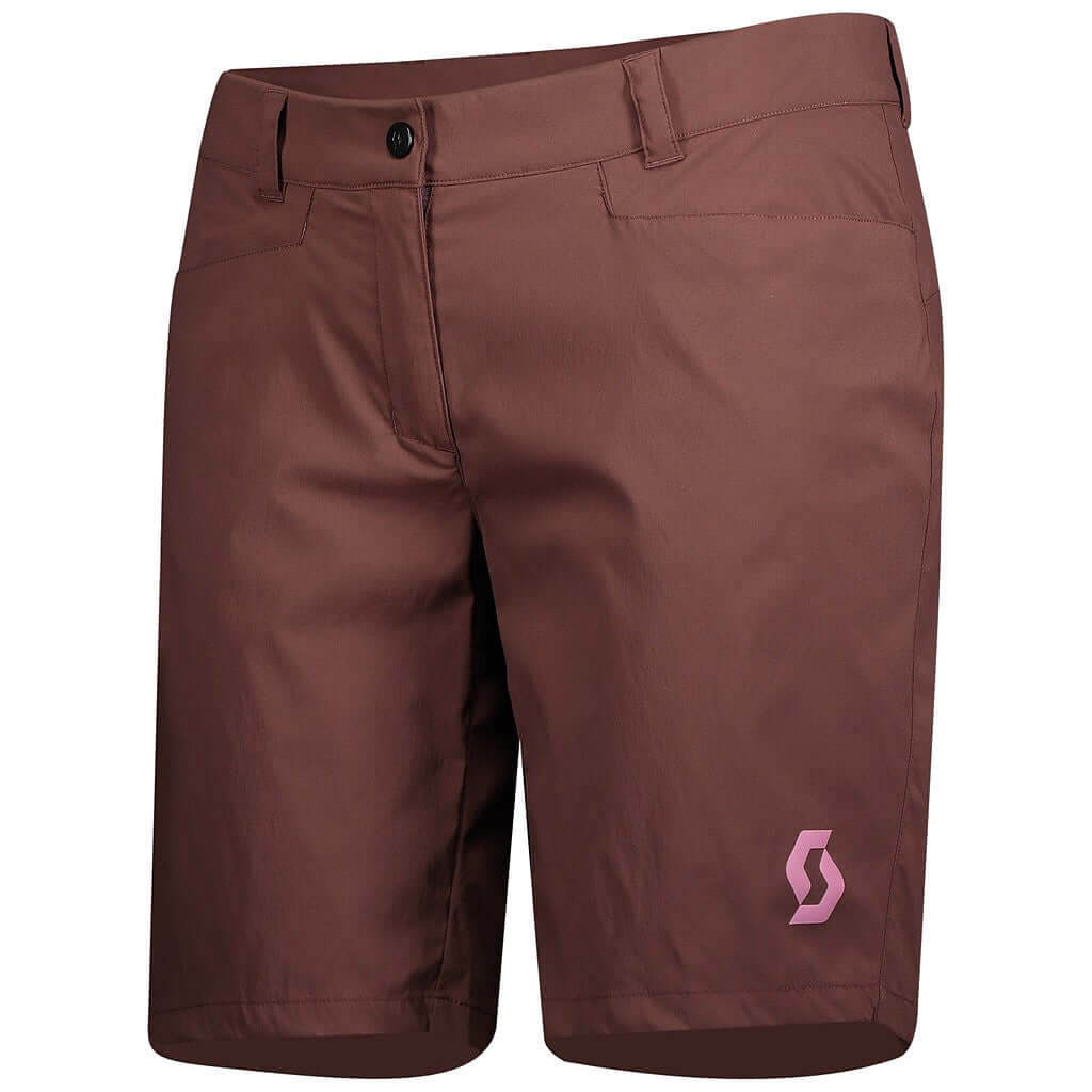 Women's trail MTN shorts in maroon red, zip fly, belt loops, logo patch on leg