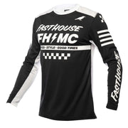 Black long-sleeve motocross jersey with white graphic panels and checkered stripe