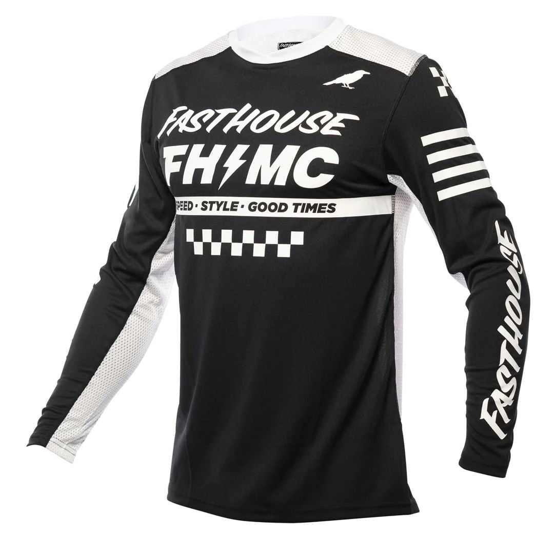 Black long-sleeve motocross jersey with white graphic panels and checkered stripe