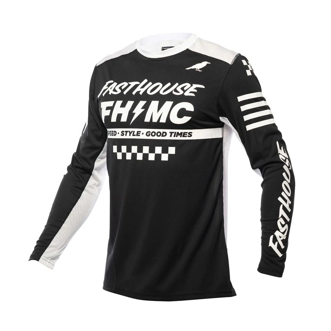 Youth black motocross jersey with long sleeves and white racing graphics
