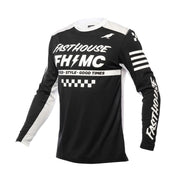 Youth black motocross jersey with long sleeves and white racing graphics
