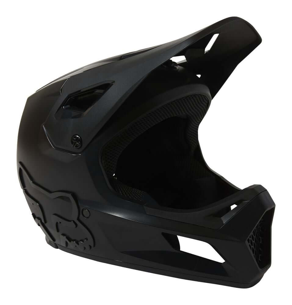 Youth off-road rampage helmet, black matte with dark vent panels and chin guard