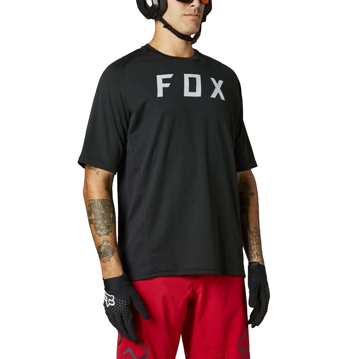 Men's black short-sleeve jersey with FOX logo on chest, crew neck.