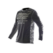 Black youth motocross jersey with long sleeves and bold white graphic front