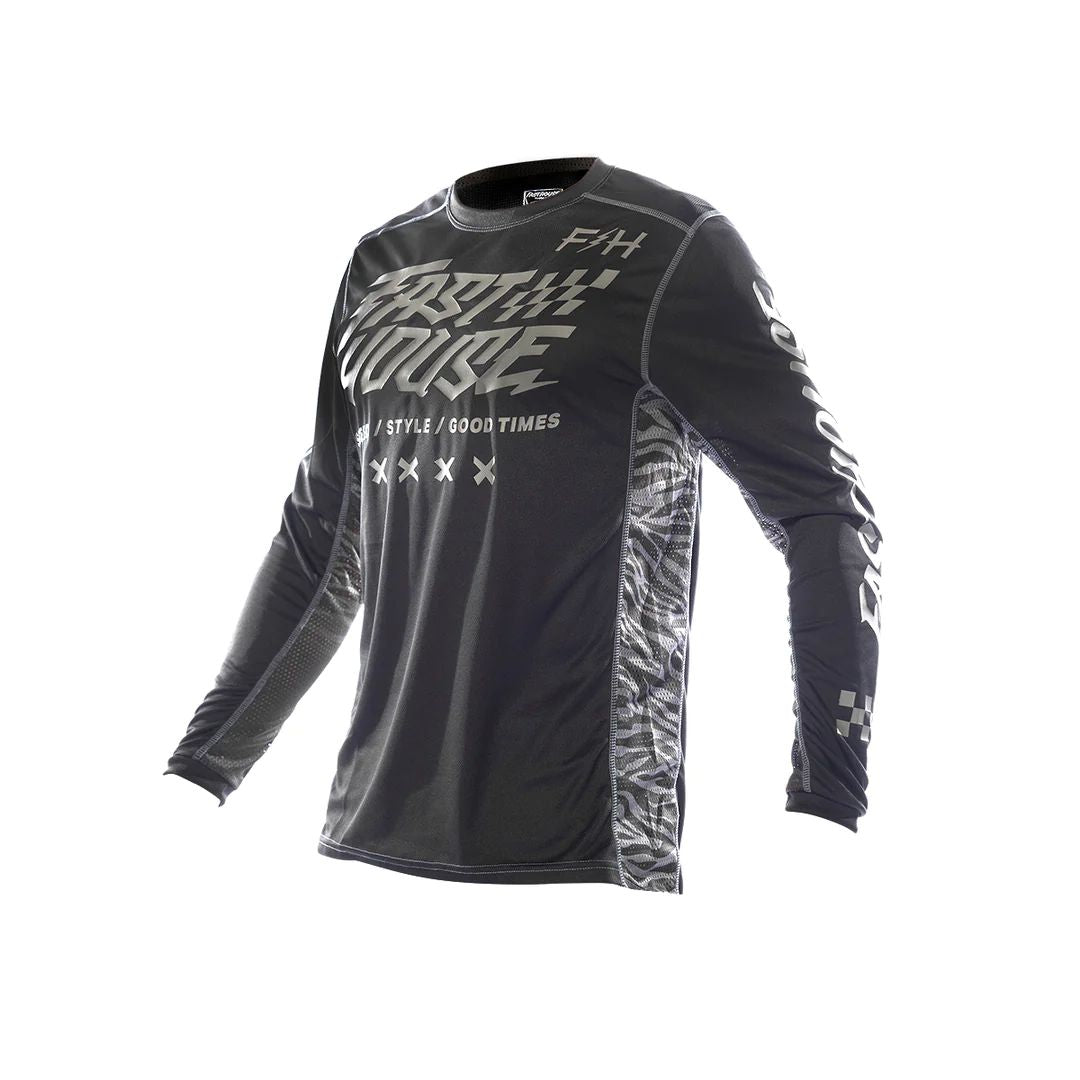 Black youth motocross jersey with long sleeves and bold white graphic front