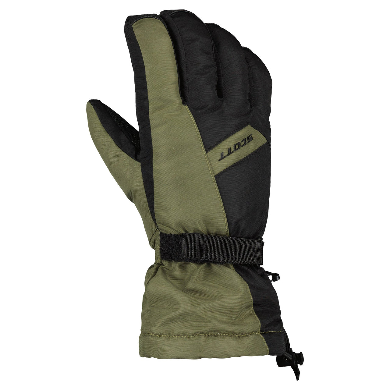Warm insulated winter glove in fir green and black with logo, adjustable cuff strap