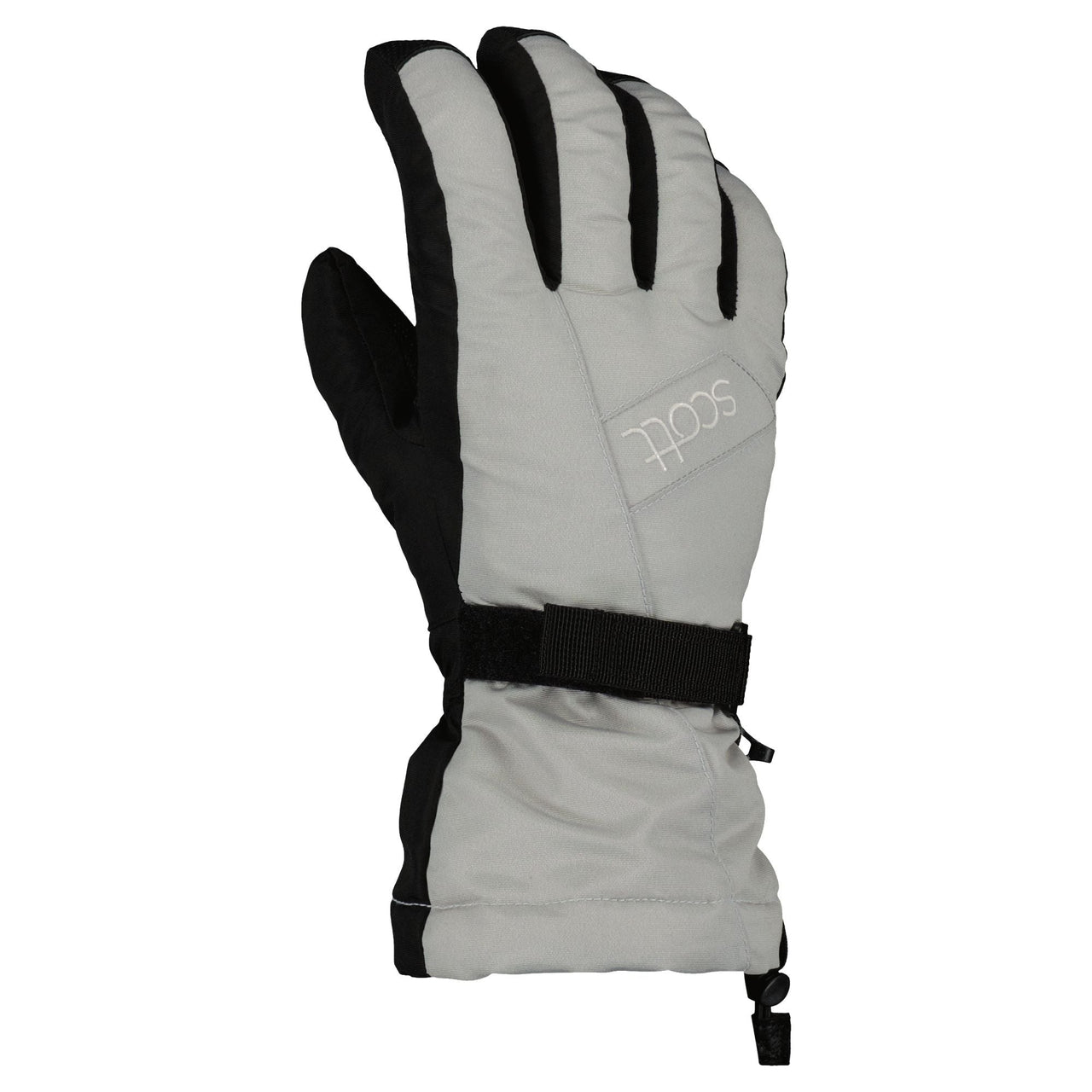 Women’s warm winter glove: light grey with black palm, fingers, and wrist strap