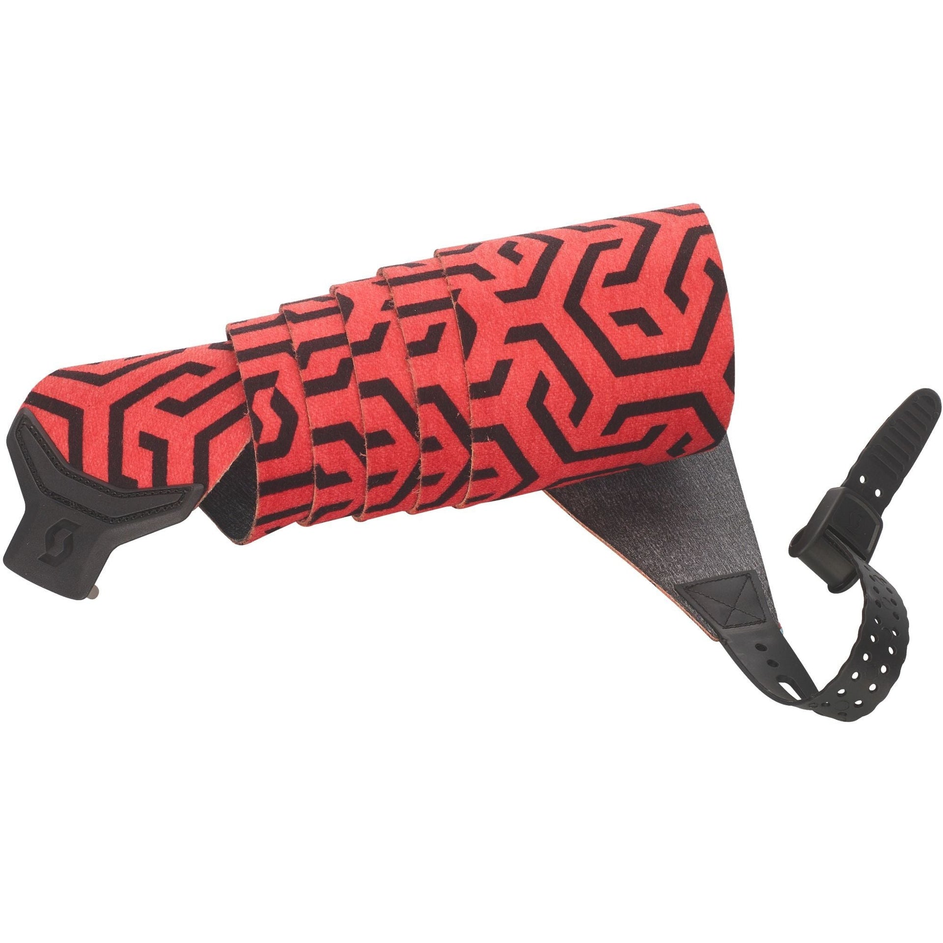 Red and black patterned handlebar grip cover with hook and adjustable straps