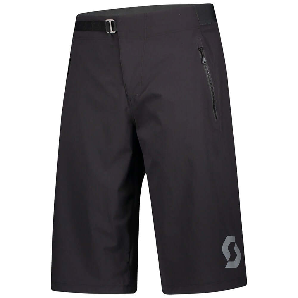 Men's black trail shorts with drawstring waist, zip side pocket and logo patch