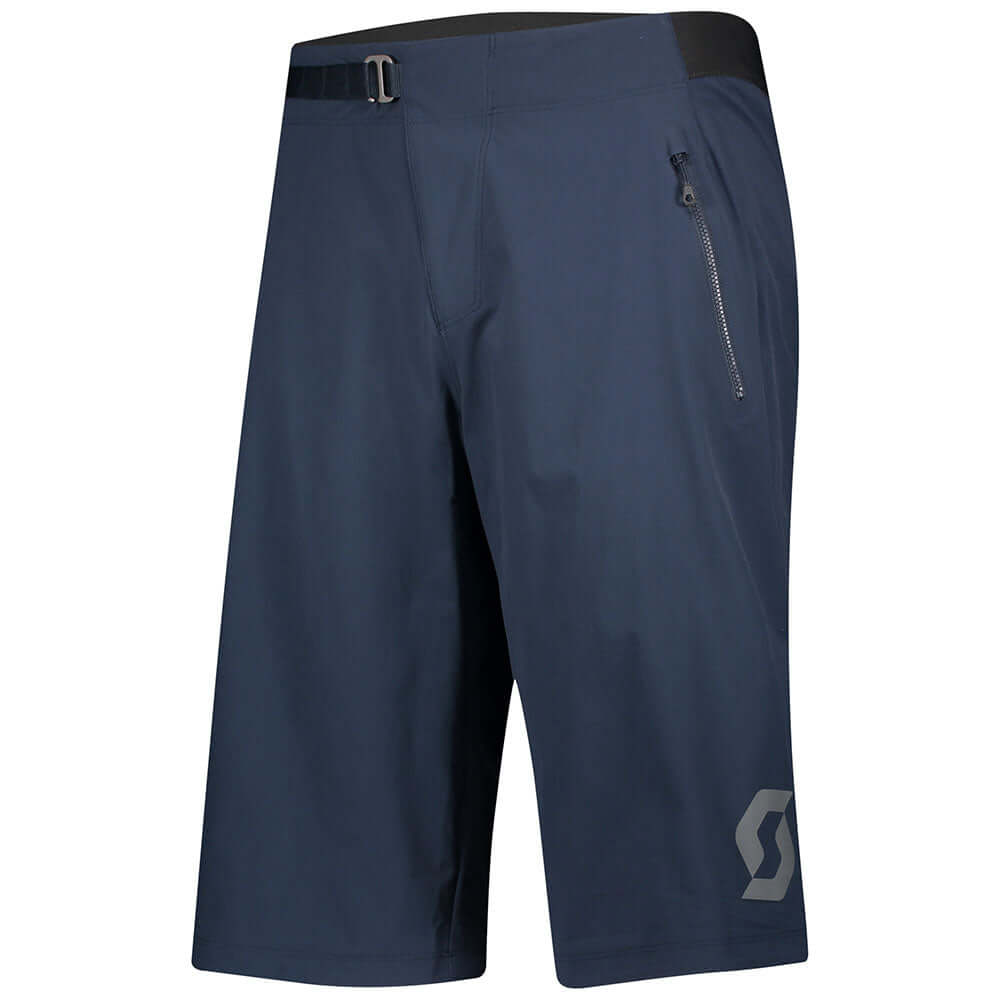 Men's midnight blue trail shorts with drawstring waist, zip side pocket and logo patch