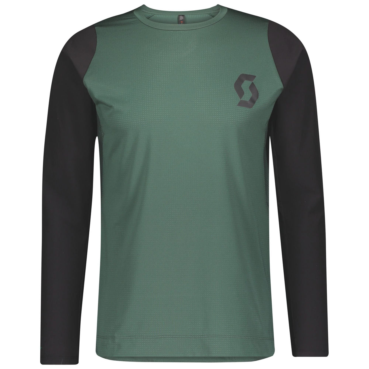 Men's trail long-sleeve shirt, smoked green body with black sleeves and chest logo