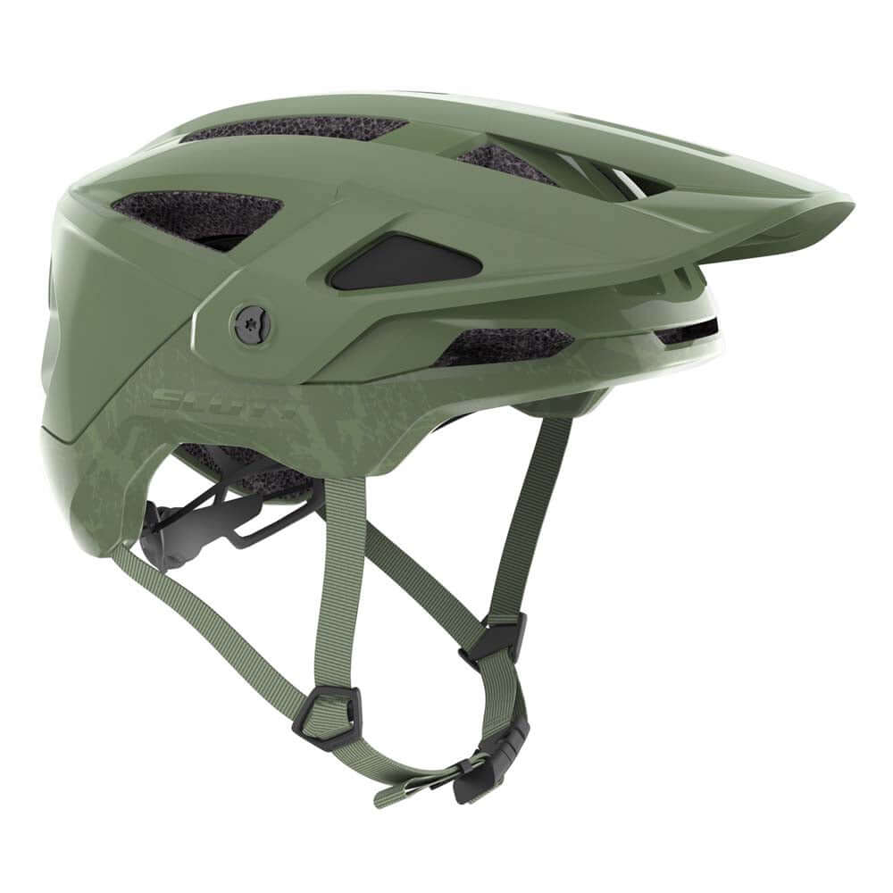 Scott Stego Plus open-face helmet in land green with vented shell and chin straps