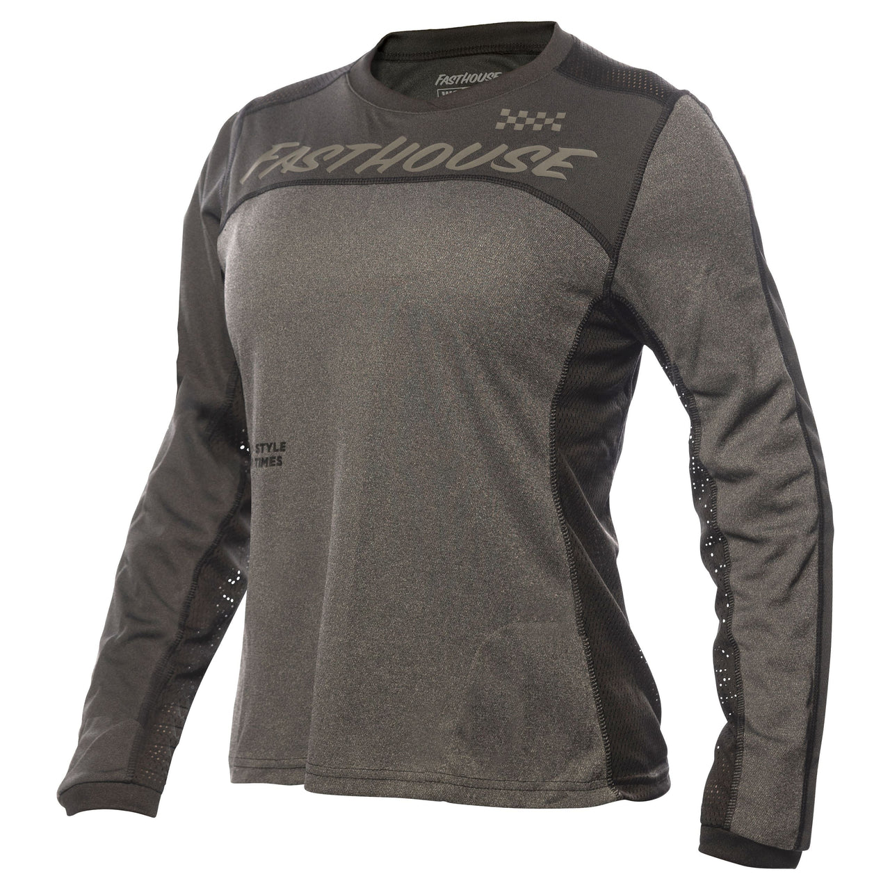 Women’s long-sleeve jersey in charcoal/black with chest logo and mesh side panels