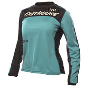 Women’s long-sleeve jersey in black with teal sleeves and Fasthouse logo