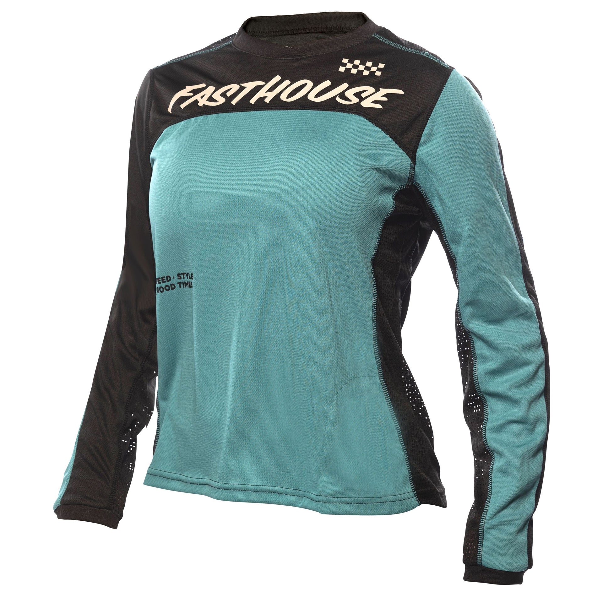 Women’s long-sleeve jersey in black with teal sleeves and Fasthouse logo