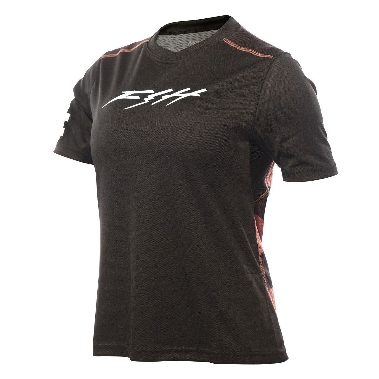 Black short-sleeve cycling jersey with white F.I.T. logo and crew neck