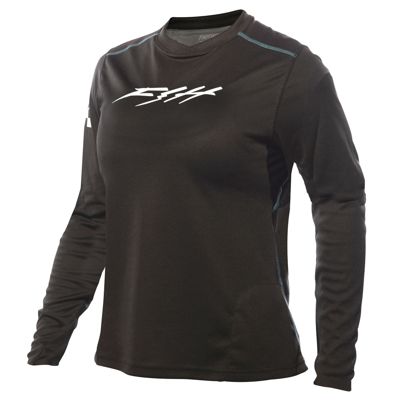Women’s black long-sleeve riding jersey with white chest logo