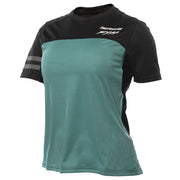 Women's cycling jersey, teal front with black sleeves and side panel stripes