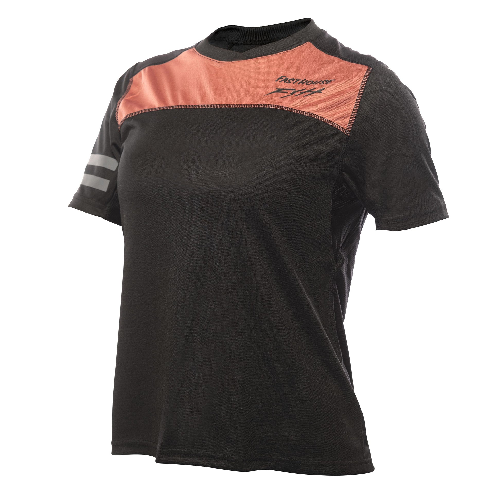 Women's cycling jersey, black body with mauve upper yoke and sleeve bands