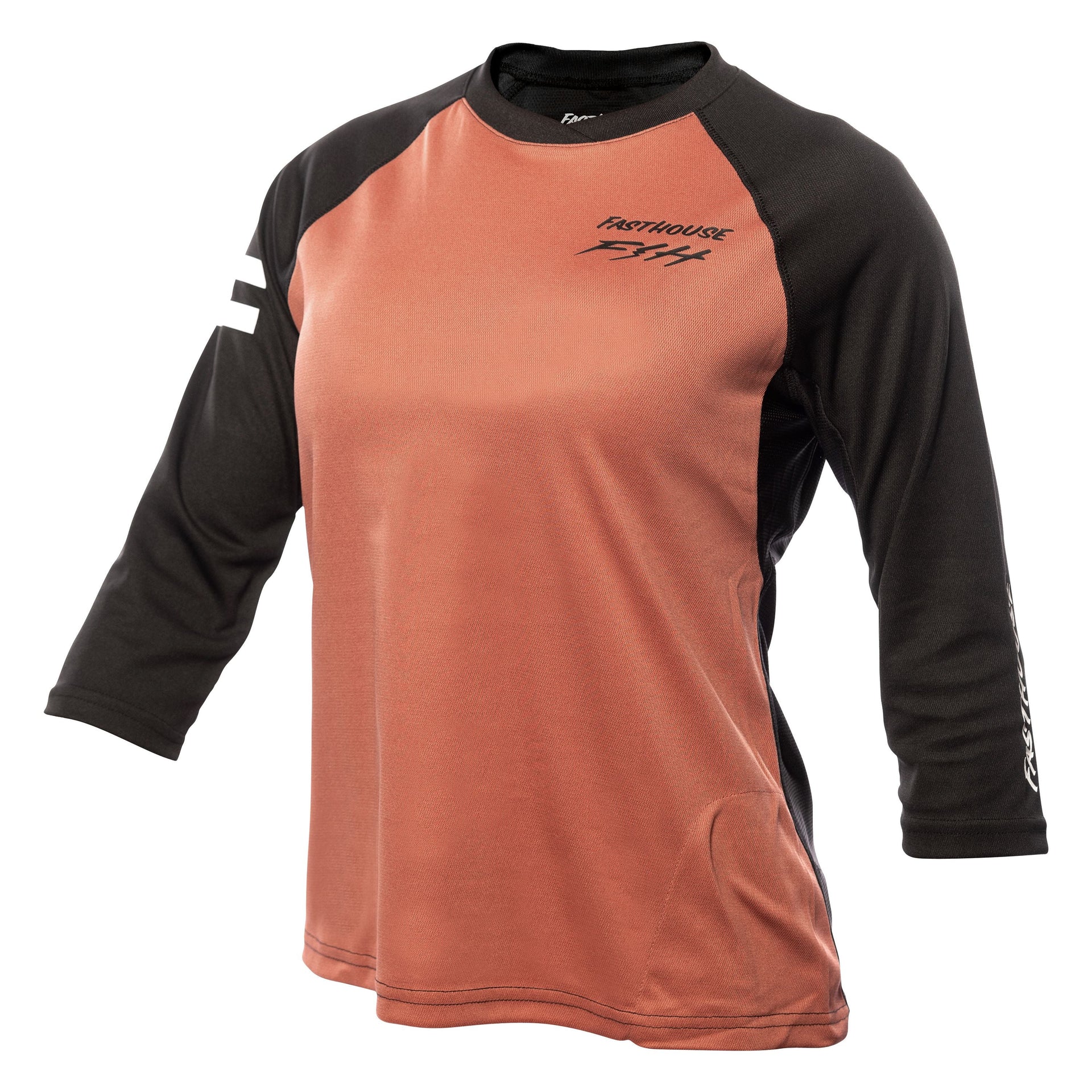 Women’s Sidewinder raglan jersey in mauve with black sleeves and orange-stitched seams.