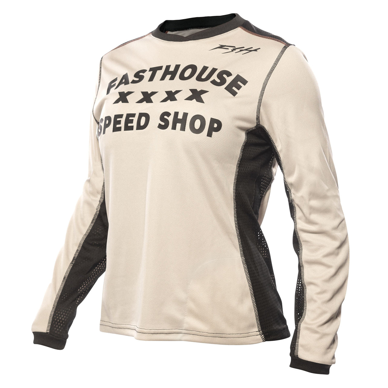 Fasthouse long-sleeve cycling jersey, cream with black side panels and Speed Shop graphic