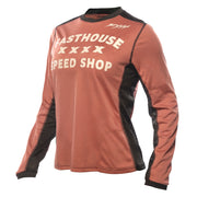 Fasthouse long-sleeve cycling jersey, mauve with black side panels and Speed Shop graphic
