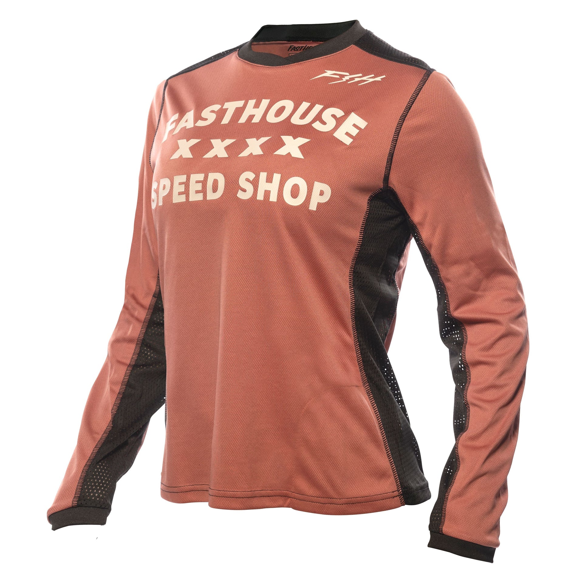 Fasthouse long-sleeve cycling jersey, mauve with black side panels and Speed Shop graphic