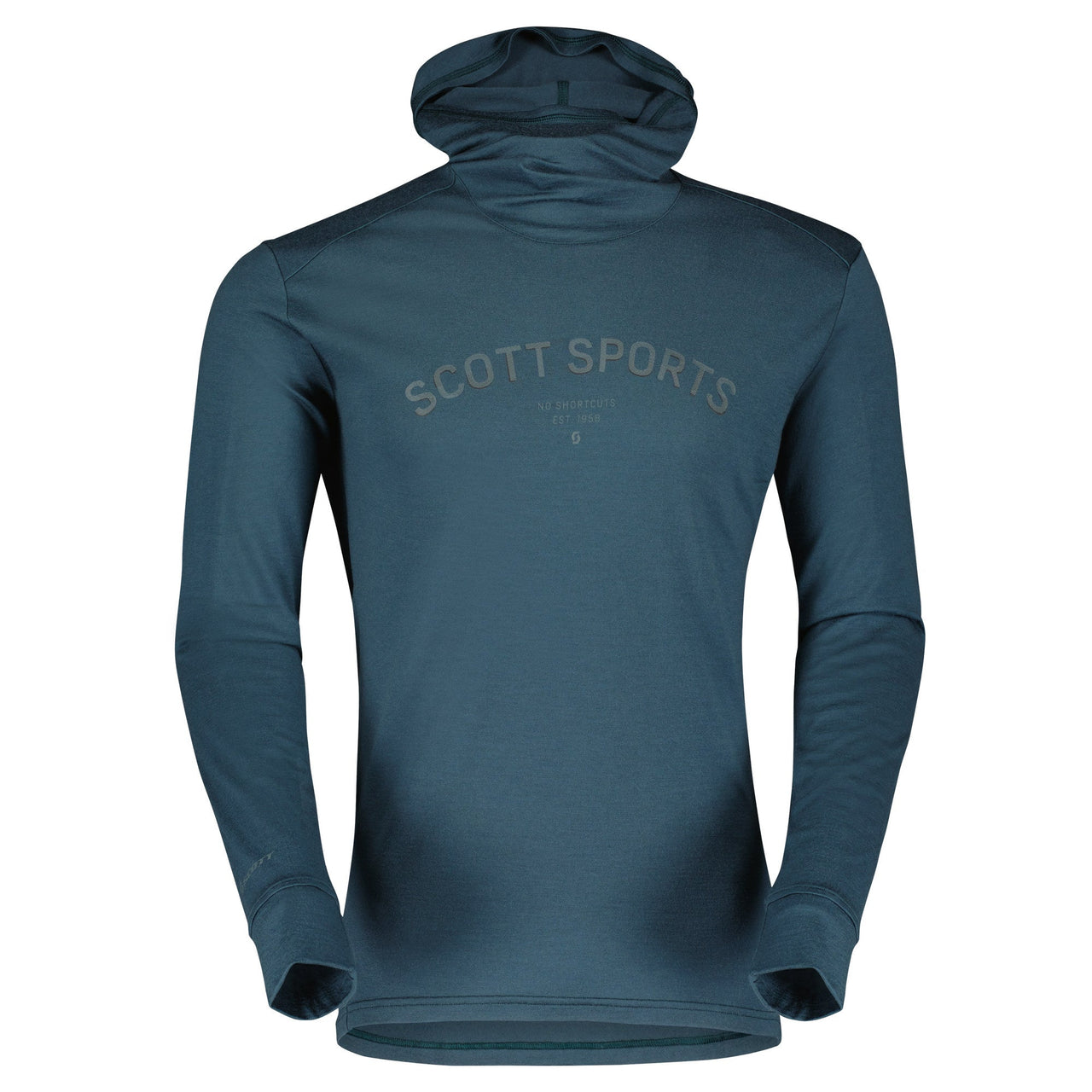 Men's merino hooded sweatshirt in dark teal with long sleeves and front kangaroo pocket
