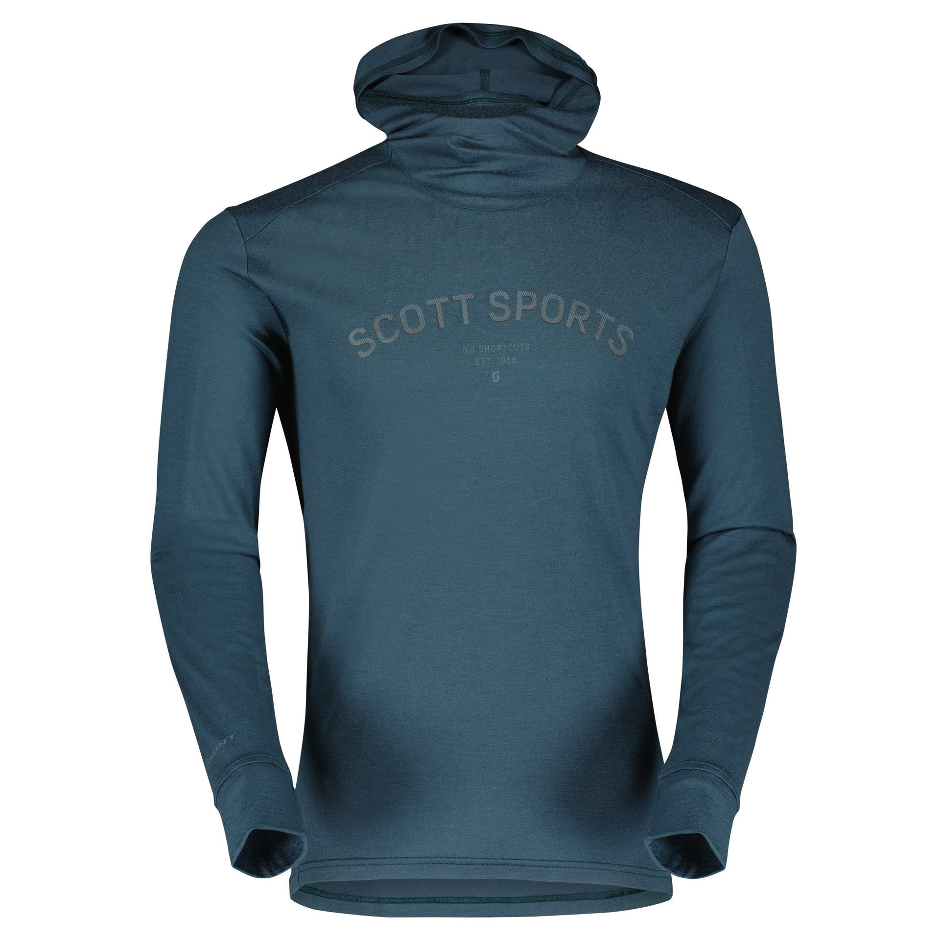 Men's merino hooded sweatshirt in dark teal with long sleeves and front kangaroo pocket