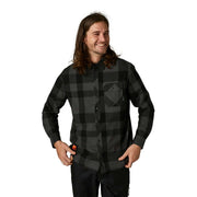 Men's black plaid flannel button-up shirt, long sleeves, chest pocket.