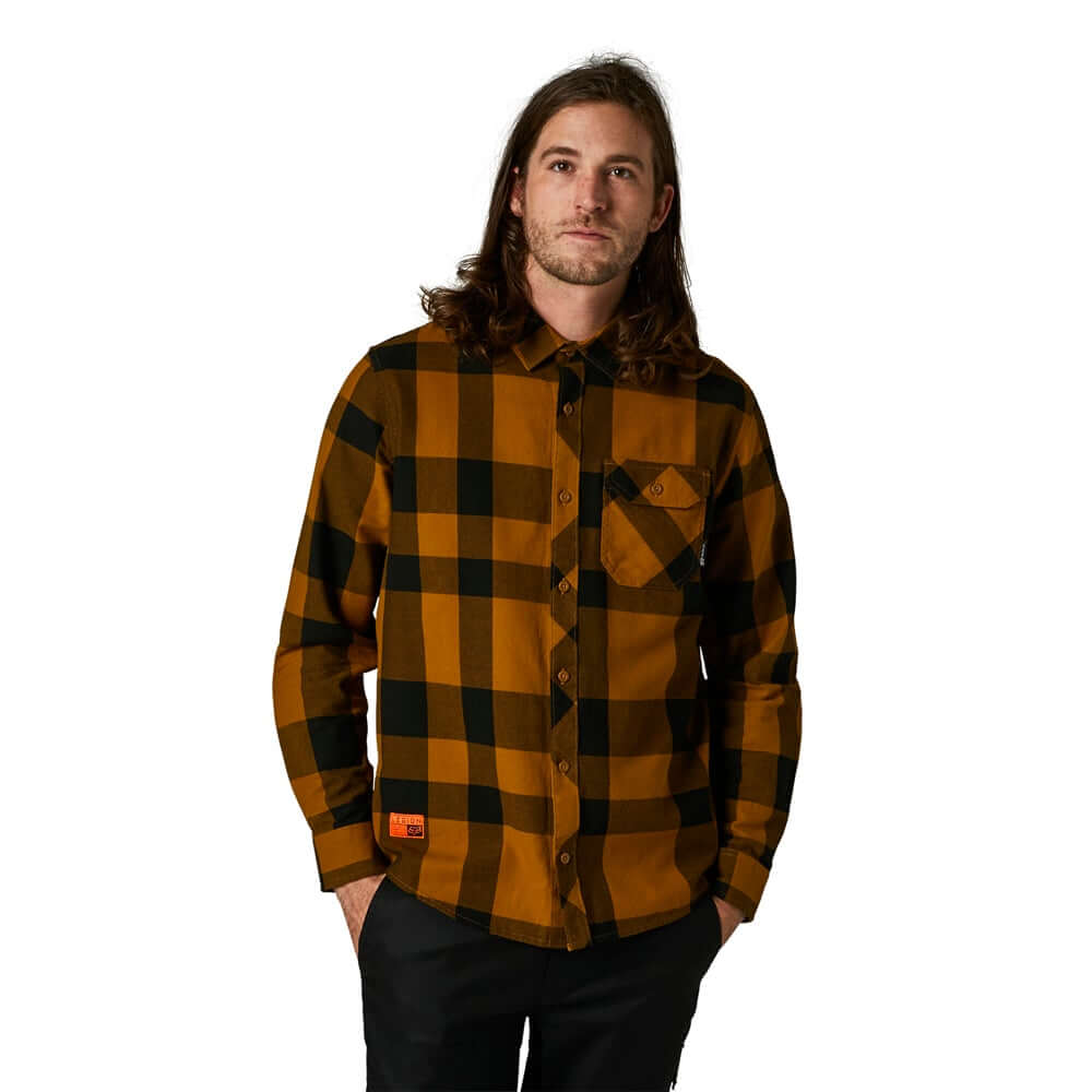 Men's gold and black plaid flannel button-up shirt, long sleeves, chest pocket.